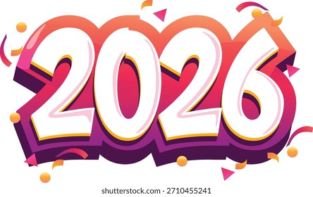 Gráfico de Vector estilizado del año 2026 en números blancos llamativos con un fondo degradado colorido y acentos de confeti.