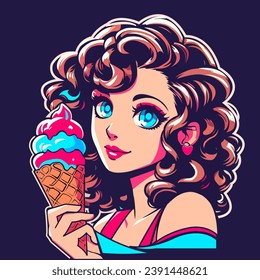 Stylized as vector graphics, an image from the 80s depicting a curly-haired girl with blue eyes eating ice cream.