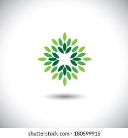 stylized vector green leaves icon arranged in pattern - eco concept vector. This graphic also represents ecological balance, evergreen forests, sustainable development, balance in nature