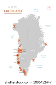 Stylized vector Greenland map showing big cities, capital Nuuk, 
administrative divisions.