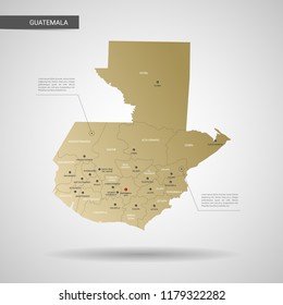 Stylized vector Guatemala map.  Infographic 3d gold map illustration with cities, borders, capital, administrative divisions and pointer marks, shadow; gradient background. 