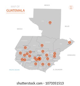 Stylized vector Guatemala map showing big cities, capital Guatemala City, 
administrative divisions and country borders with Belize, El Salvador, Honduras, Mexico.