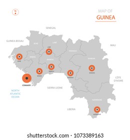 Stylized vector Guinea map showing big cities, capital Conakry, administrative divisions and country borders with Sierra Leone, Liberia, Côte d'Ivoire, Mali, Senegal, Guinea-Bissau.