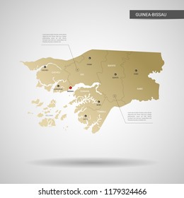 Stylized vector Guinea-Bissau map.  Infographic 3d gold map illustration with cities, borders, capital, administrative divisions and pointer marks, shadow; gradient background. 