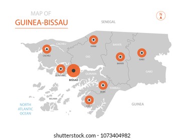 Stylized vector Guinea-Bissau map showing big cities, capital Bissau, 
administrative divisions and country borders with Guinea, Senegal.   