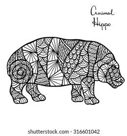 Stylized vector Hippo, zentangle isolated on white background.Collection of animals for your design.
