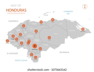 Stylized vector Honduras map showing big cities, capital Tegucigalpa, 
administrative divisions and country borders with El Salvador, Guatemala, Nicaragua.   