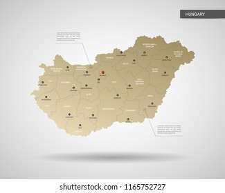 Stylized vector Hungary map.  Infographic 3d gold map illustration with cities, borders, capital, administrative divisions and pointer marks, shadow; gradient background. 