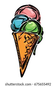 A stylized vector ice cream. With three sweet color spheres.