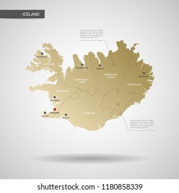 Stylized vector Iceland map.  Infographic 3d gold map illustration with cities, borders, capital, administrative divisions and pointer marks, shadow; gradient background. 