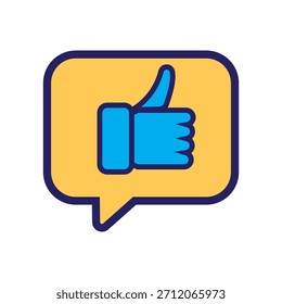 Icono de Vector estilizado de un pulgar azul dentro de una burbuja de discurso amarillo. Ideal para Aprobación, Comentarios, comunicación, redes sociales, interacción positiva y expresiones visuales digitales.
