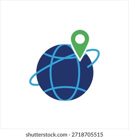 Un ícono de Vector estilizado que representa un globo azul oscuro con líneas de órbita azul claro, con un marcador de pin de mapa verde brillante colocado en la parte superior, que simboliza el seguimiento de la ubicación mundial, la navegación o el po global