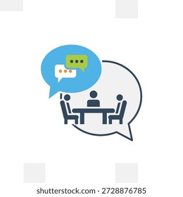 Stilisiertes Vektorsymbol, das drei Personen darstellt, die um einen Tisch in einer großen Sprechblase sitzen, mit kleineren Chat-Blasen oben, die ein Treffen, eine Diskussion oder eine Kommunikation symbolisieren.