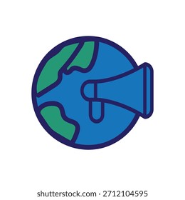 Stylized vector icon of a globe with megaphone symbol. Ideal for global communication, broadcasting, advocacy, international messaging, and worldwide media visuals.