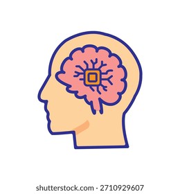 Icono de Vector estilizado de una cabeza humana con vías cerebrales neuronales y microchip. Ideal para IA, computación cognitiva, fusión cerebro-tecnología, aprendizaje automático y tecnología visual futurista.