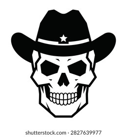 A stylized vector icon of a human skull wearing a cowboy hat with a star badge. Black and white design suitable for logos, tattoos, western themes, and Halloween.