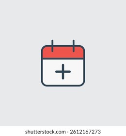 Stylized vector icon illustrating a simplified calendar featuring a red header and a plus sign.