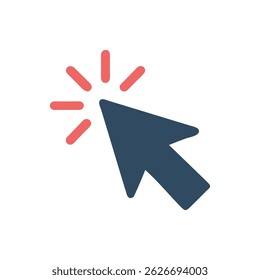 Stylized vector icon of a mouse click cursor. Flat design with red activation indicators around the pointer on a White Background.