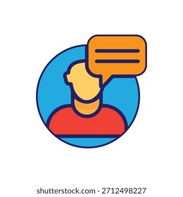 Stylized vector icon of a person with orange speech bubble. Ideal for messaging, user feedback, communication, dialogue, customer support, and digital interaction visuals.