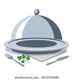 A stylized vector icon of a restaurant serving tray with a dome cover, a fork, a knife, and a garnish of parsley on a napkin.