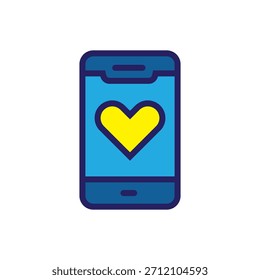 Icono de Vector estilizado de un teléfono inteligente con corazón amarillo en la pantalla. Ideal para App móviles, redes sociales, amor digital, participación del usuario, comunicación y conexión emocional.