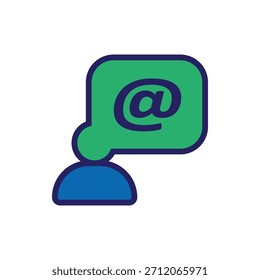 Stylized vector icon of a user with green speech bubble and symbol. Ideal for messaging, email, social media, online interaction, communication apps, and digital identity visuals.