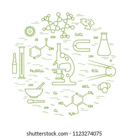 Stylized vector icon of variety scientific, education elements: microscope, flask, formula, pestle and other. Design for banner, poster or print.