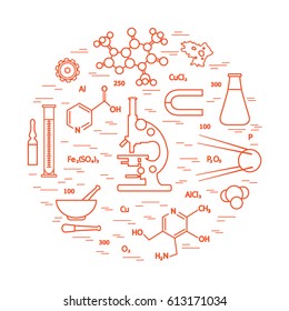 Stylized vector icon of variety scientific, education elements: microscope, flask, formula, pestle and other. Design for banner, poster or print.
