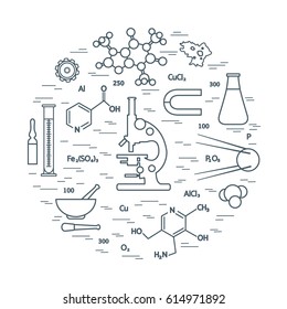 Stylized vector icon of variety scientific, education elements: microscope, flask, formula, pestle and other. Design for banner, poster or print.