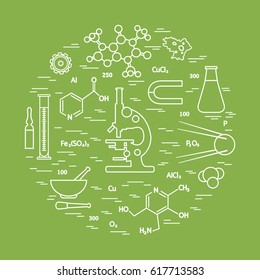 Stylized vector icon of variety scientific, education elements: microscope, flask, formula, pestle and other. Design for banner, poster or print.