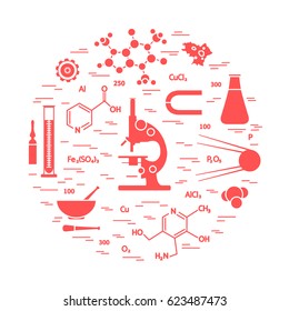 Stylized vector icon of variety scientific, education elements: microscope, flask, formula, pestle and other. Design for banner, poster or print.