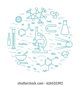 Stylized vector icon of variety scientific, education elements: microscope, flask, formula, pestle and other. Design for banner, poster or print.