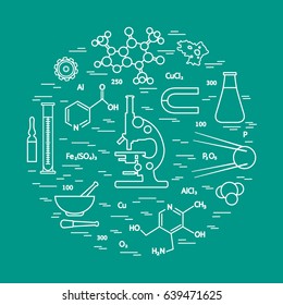 Stylized vector icon of variety scientific, education elements: microscope, flask, formula, pestle and other. Design for banner, poster or print.