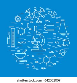 Stylized vector icon of variety scientific, education elements: microscope, flask, formula, pestle and other. Design for banner, poster or print.