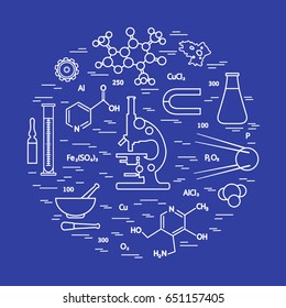 Stylized vector icon of variety scientific, education elements: microscope, flask, formula, pestle and other. Design for banner, poster or print.