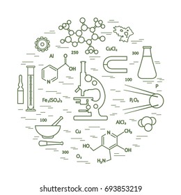 Stylized vector icon of variety scientific, education elements: microscope, flask, formula, pestle and other. Design for banner, poster or print.
