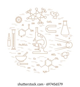 Stylized vector icon of variety scientific, education elements: microscope, flask, formula, pestle and other. Design for banner, poster or print.