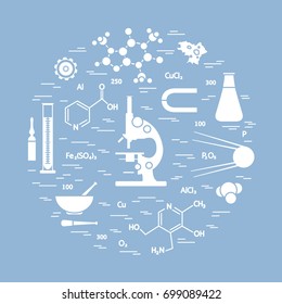 Stylized vector icon of variety scientific, education elements: microscope, flask, formula, pestle and other. Design for banner, poster or print.