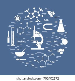 Stylized vector icon of variety scientific, education elements: microscope, flask, formula, pestle and other. Design for banner, poster or print.