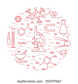 Stylized vector icon of variety scientific, education elements: microscope, flask, formula, pestle and other. Design for banner, poster or print.