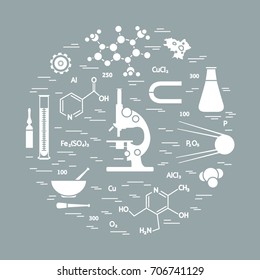 Stylized vector icon of variety scientific, education elements: microscope, flask, formula, pestle and other. Design for banner, poster or print.