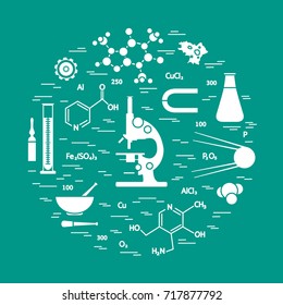 Stylized vector icon of variety scientific, education elements: microscope, flask, formula, pestle and other. Design for banner, poster or print.