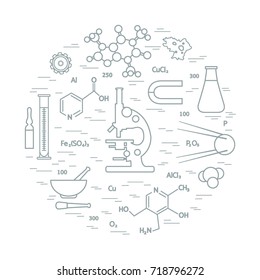 Stylized vector icon of variety scientific, education elements: microscope, flask, formula, pestle and other. Design for banner, poster or print.