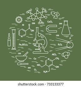 Stylized vector icon of variety scientific, education elements: microscope, flask, formula, pestle and other. Design for banner, poster or print.