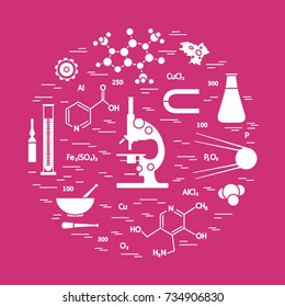 Stylized vector icon of variety scientific, education elements: microscope, flask, formula, pestle and other. Design for banner, poster or print.