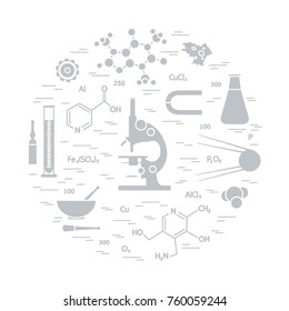 Stylized vector icon of variety scientific, education elements: microscope, flask, formula, pestle and other. Design for banner, poster or print.