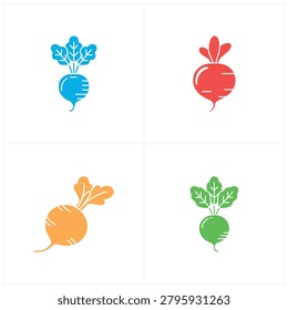 Stylized vector icons of beets in red orange blue and green colors with green leafy tops perfect for food blogs