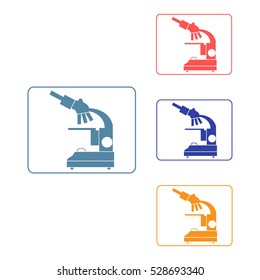 Stylized vector icons of microscope in different colors. Magnifying device sign. Laboratory equipment symbol. 