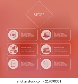 Stylized vector icons for store in internet. Set of white vector stylized icons with frame and example text for your store in internet on red background.