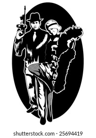 stylized vector illustration of a 1920's gangster and a beautiful flapper girl